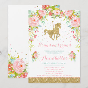 Carousel Birthday Invitation Floral Pink Mint Gold Kaart