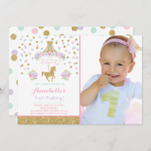 Carousel Birthday Invitation Floral Pink Mint Gold Kaart