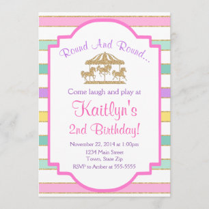 Carousel Birthday Invitation Girl Pink Glitter Kaart