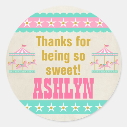 Carousel Birthday Party - Gepersonaliseerd Ronde Sticker (Voorkant)