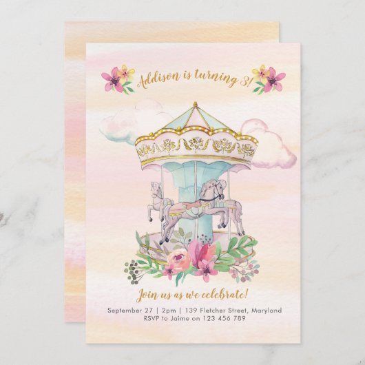 Carousel Birthday party Invitation Kaart (Voorkant / Achterkant)