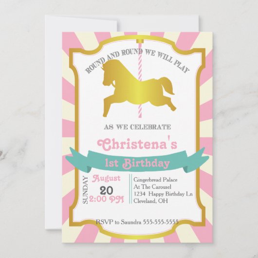 Carousel Birthday Party Invitation Kaart (Voorkant)