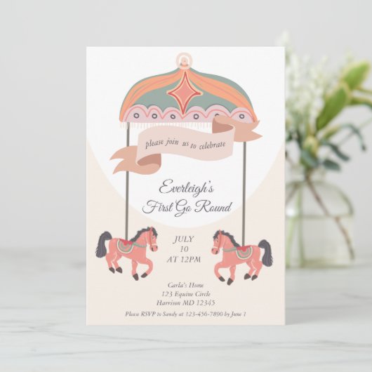 Carousel Horse Go Round First Birthday Invitation (Debout devant)