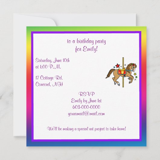 Carousel Pony avec étoiles Invitation d'anniversai (Dos)