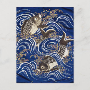 Carp in Waves Japanse Koi Fish Silk Tapestry Art, Briefkaart