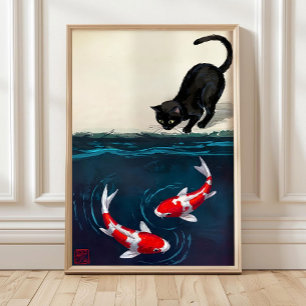 Carpe Koï Rouge et Impression de Chat, Art Japonai