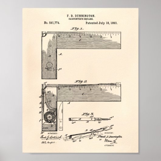 Carpenter's Square 1893 Patent Art Old Peper Poster (Voorkant)