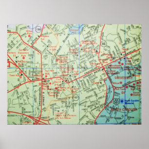 Carrboro et Chapel Hill, affiche vintage de carte