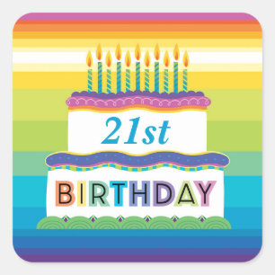 Carré 21e Anniversaire Gâteau Avec Sticker Rainbow Strip