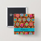 Carré 5 Cm Brown Turquoise Blue Patchwork Quilt Name Badge (Devant & derrière)