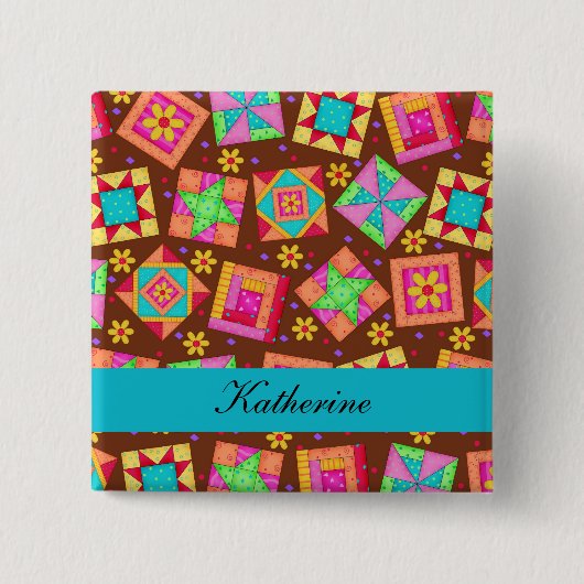 Carré 5 Cm Brown Turquoise Blue Patchwork Quilt Name Badge (Devant)