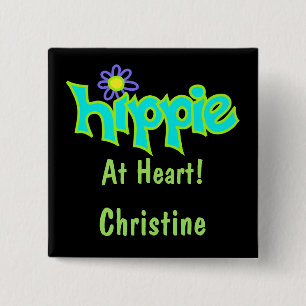 Carré 5 Cm Hippie at Heart Turquoise Art Black Name Badge