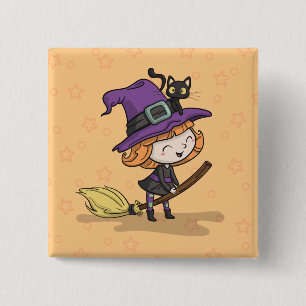Carré 5 Cm Jolie sorcière d'Halloween et chat   Badge