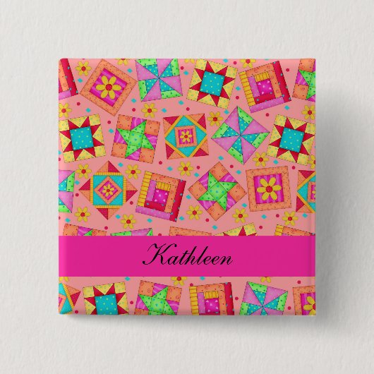 Carré 5 Cm Orange Fuchsia Patchwork Quilt Blocks Nom Badge (Devant)