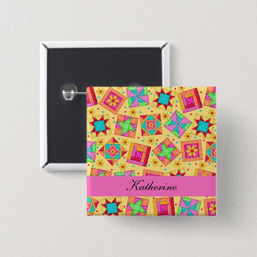 Carré 5 Cm Patchwork Jaune Patchwork Blocs Nom Badge (Devant & derrière)