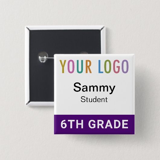 Carré 5 Cm Purple Student Name Badge Button with School Logo (Devant & derrière)