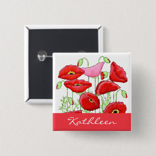 Carré 5 Cm Red Pink Poppies Art Custom Name Badge