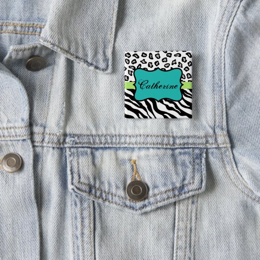 Carré 5 Cm Zebra Leopard Peau Noir Blanc Turquoise Nom Badge (En situation)