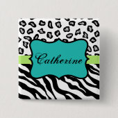 Carré 5 Cm Zebra Leopard Peau Noir Blanc Turquoise Nom Badge (Devant)