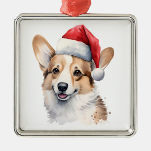 Carré Argenté Aquarelle ornement Corgi de Noël