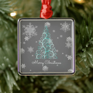 Carré Argenté Arbre de Noël turquoise et ornement de flocons de