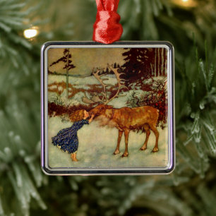 Carré Argenté Fille et rennes Noël 🎄 ornement en céramique