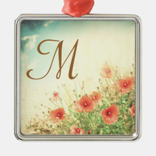 Carré Argenté Fleurs sauvages roses Monogramme Ornement initial