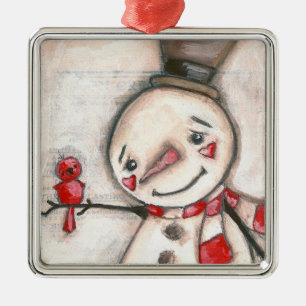 Carré Argenté Homme de neige et oiseau rouge - ornement