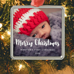 Carré Argenté Joyeux Noël moderne Photo bébé Métal Ornement