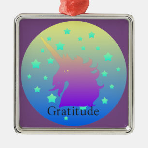Carré Argenté "Ombre unicorne avec la parole gratitude" Ornement