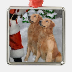Carré Argenté Ornement de cadeaux de Noël de golden retriever