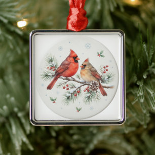 Carré Argenté Ornement de cardinaux de Noël à l'aquarelle