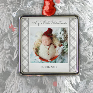 Carré Argenté Ornement de photo de Noël pour bébé avec carreau a