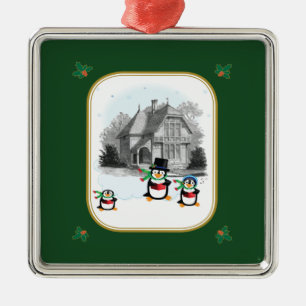 Carré Argenté Ornement de pingouins de carolage victorien