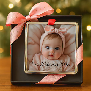 Carré Argenté Ornement personnalisé de Noël pour bébé