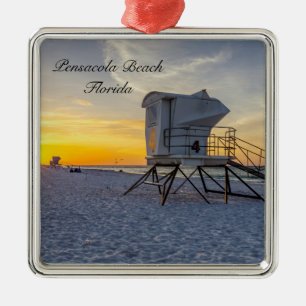 Carré Argenté Pensacola Beach Lifeguard Station Sunrise Ornement