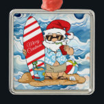 Carré Argenté Surboard Père Noël Noël Ornement<br><div class="desc">surf père Noël ornement de Noël</div>
