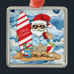 Carré Argenté Surboard Père Noël Noël Ornement<br><div class="desc">surf père Noël ornement de Noël</div>