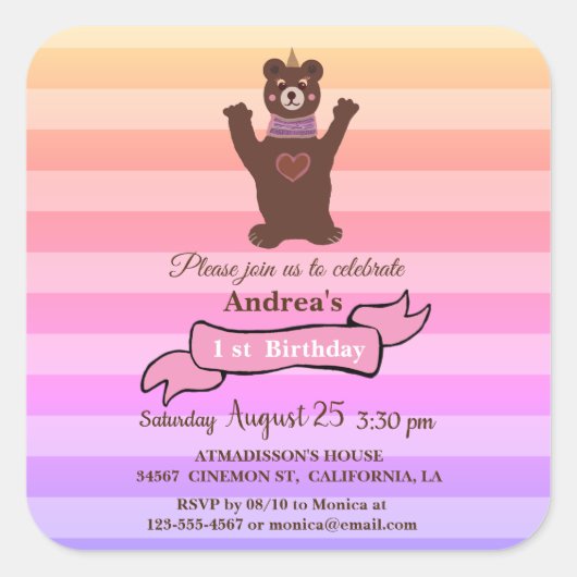 Carré Bear Girl'Anniversaire Sticker (Devant)