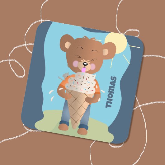 Carré Bear Mating Ice Cream Kid Bleu Sticker