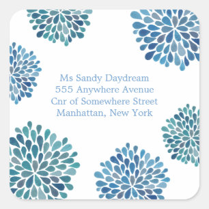 Carré Bleu Aquarelle Dahlias Adresse Sticker Mariage