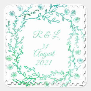 Carré Bleu Aquarelle Flore Sticker Cadre