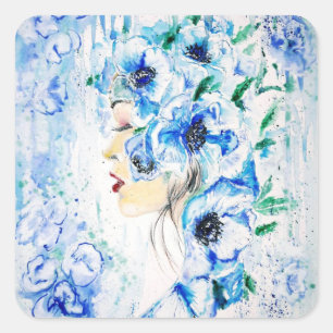 Carré Bleu Floral Femme Sticker Imaginaire peinture