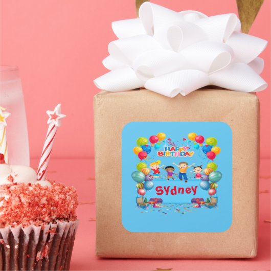 Carré Bleu Joyeux Anniversaire Nom Sticker (Fête)