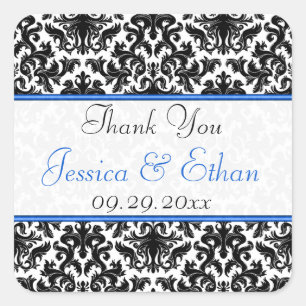 Carré Bleu noir Damas de mariage 1,5" Sticker de faveur 