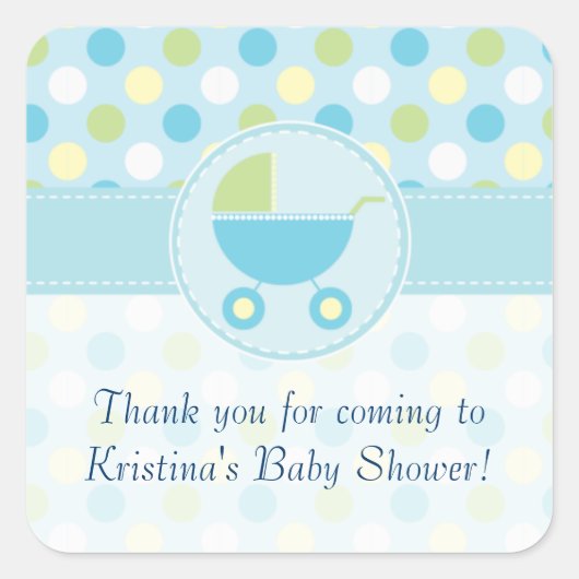 Carré Bleu Pram et Sticker Baby shower Pois (Devant)