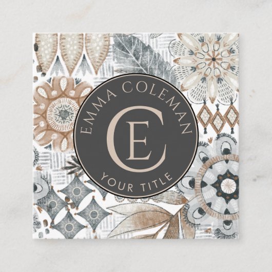 Carré Boho Monogramme Carte de visite de feuilles floral (Devant)