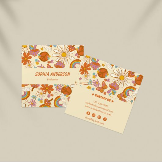 Carré Boho Retro Floral Carte de visite avec Funky les a
