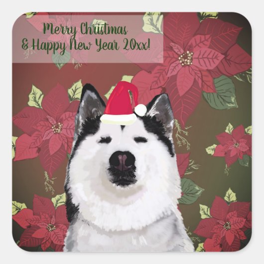 Carré Bonne année, Sticker de Noël, Husky, Fleurs (Devant)