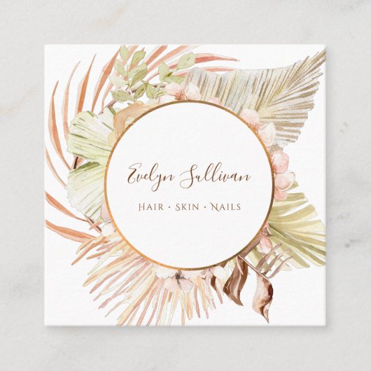 Carré Bouquet vert de pêche Boho carte de visite (Devant)